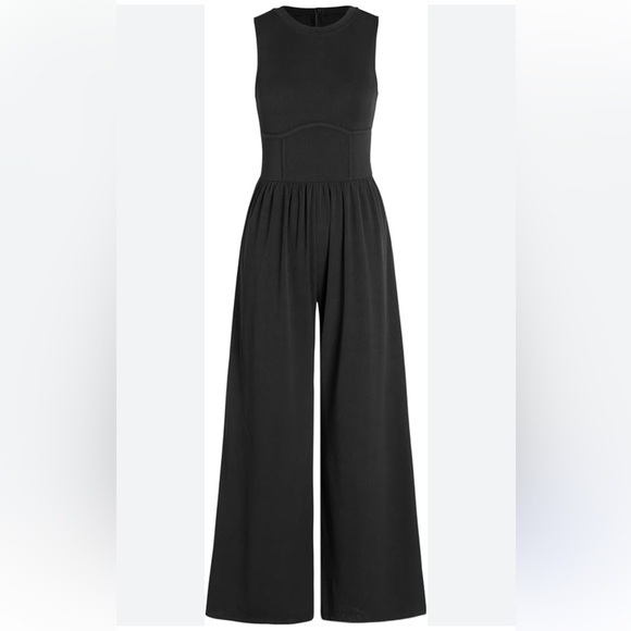 Wide‎ Leg Jumpsuit Solid Black Sleeveless Jersey Stretch Large - Picture 1 of 8